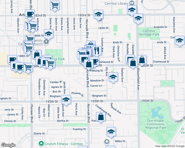 map of restaurants, bars, coffee shops, grocery stores, and more near 12238 South Street in Artesia