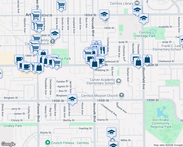 map of restaurants, bars, coffee shops, grocery stores, and more near 19023 Norwalk Boulevard in Artesia