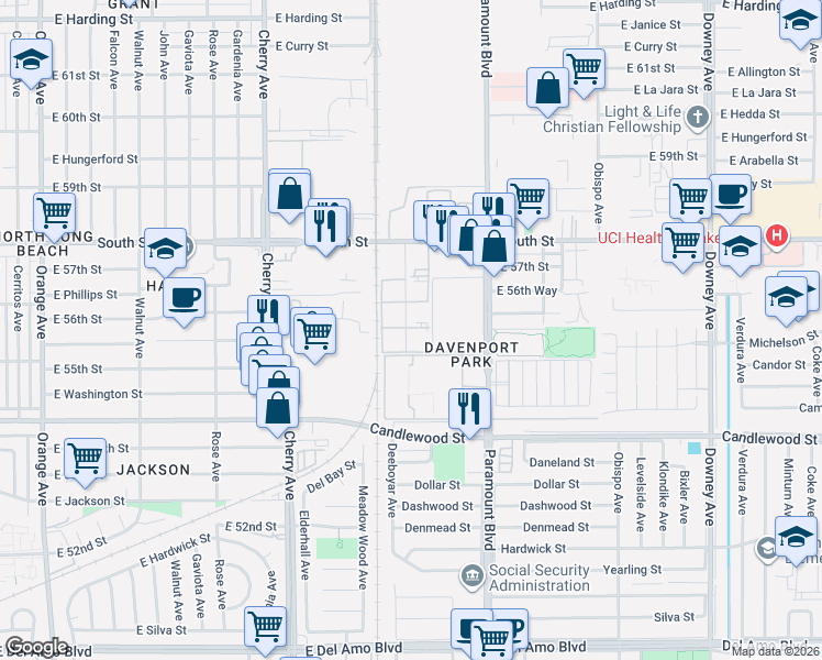 map of restaurants, bars, coffee shops, grocery stores, and more near 5530 Ackerfield Avenue in Long Beach