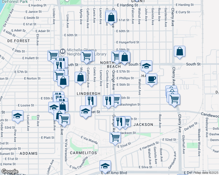 map of restaurants, bars, coffee shops, grocery stores, and more near 4 East 56th Street in Long Beach