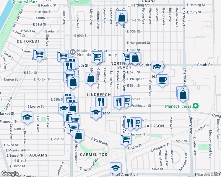 map of restaurants, bars, coffee shops, grocery stores, and more near 5598 Lemon Avenue in Long Beach