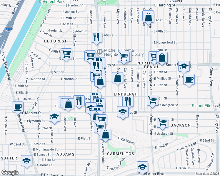 map of restaurants, bars, coffee shops, grocery stores, and more near 702 East 56th Street in Long Beach