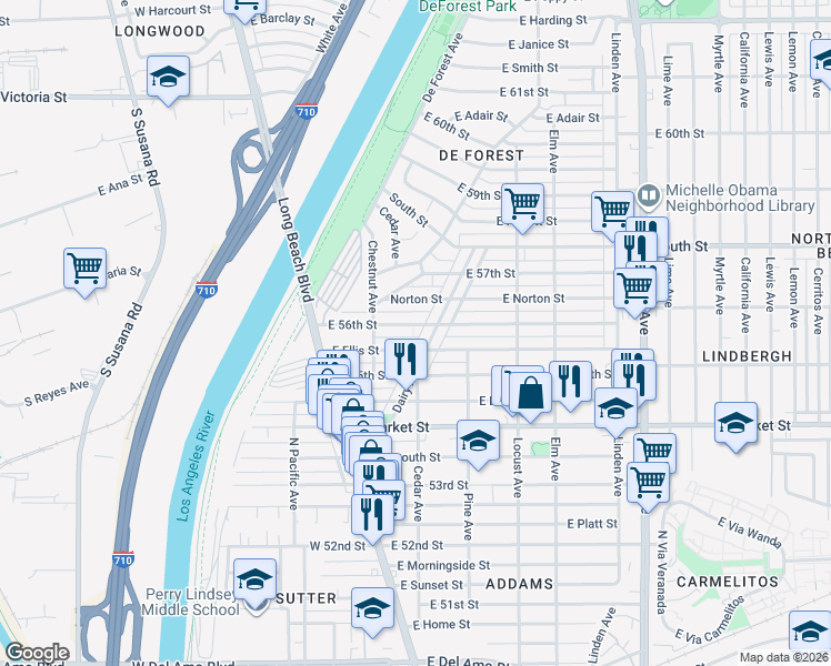 map of restaurants, bars, coffee shops, grocery stores, and more near 170 East Norton Street in Long Beach