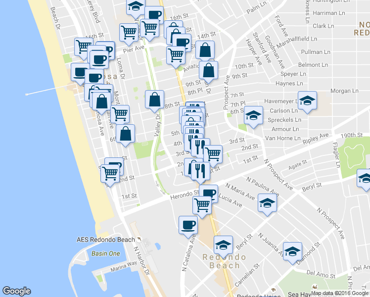 map of restaurants, bars, coffee shops, grocery stores, and more near 707 4th Street in Hermosa Beach