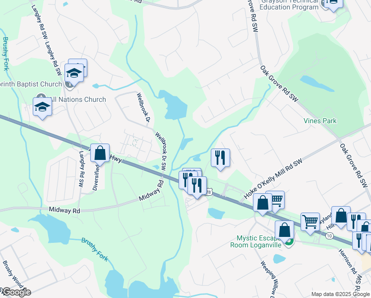 map of restaurants, bars, coffee shops, grocery stores, and more near 350 Lake Valley Drive Southwest in Loganville