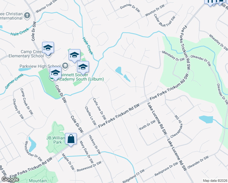 map of restaurants, bars, coffee shops, grocery stores, and more near 4644 Jefferson Lane Southwest in Lilburn