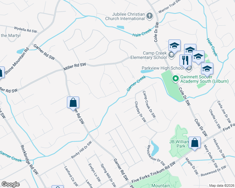 map of restaurants, bars, coffee shops, grocery stores, and more near 887 Guinevere Way Southwest in Lilburn