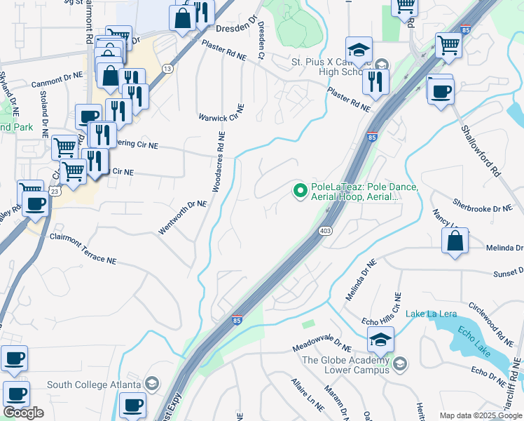 map of restaurants, bars, coffee shops, grocery stores, and more near 2511 Independence Court Northeast in Atlanta