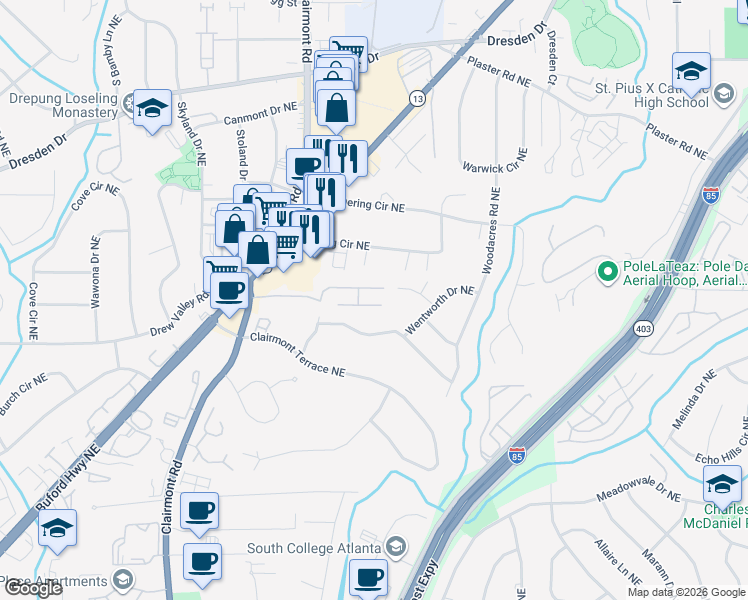 map of restaurants, bars, coffee shops, grocery stores, and more near 2104 Clairmeade Valley Road Northeast in Atlanta