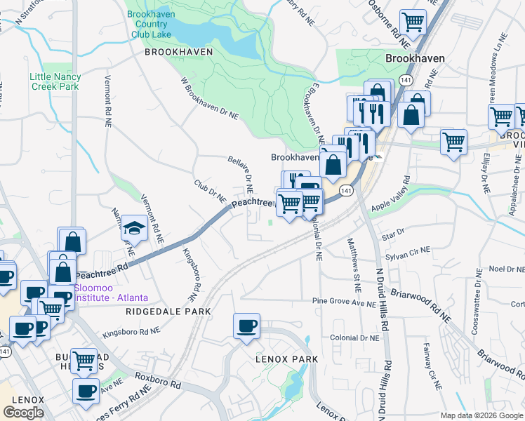 map of restaurants, bars, coffee shops, grocery stores, and more near 1258 Bellaire Drive Northeast in Atlanta