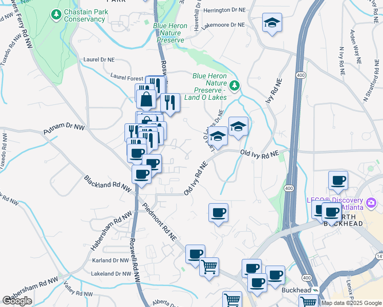map of restaurants, bars, coffee shops, grocery stores, and more near 50 Ivy Ridge Northeast in Atlanta