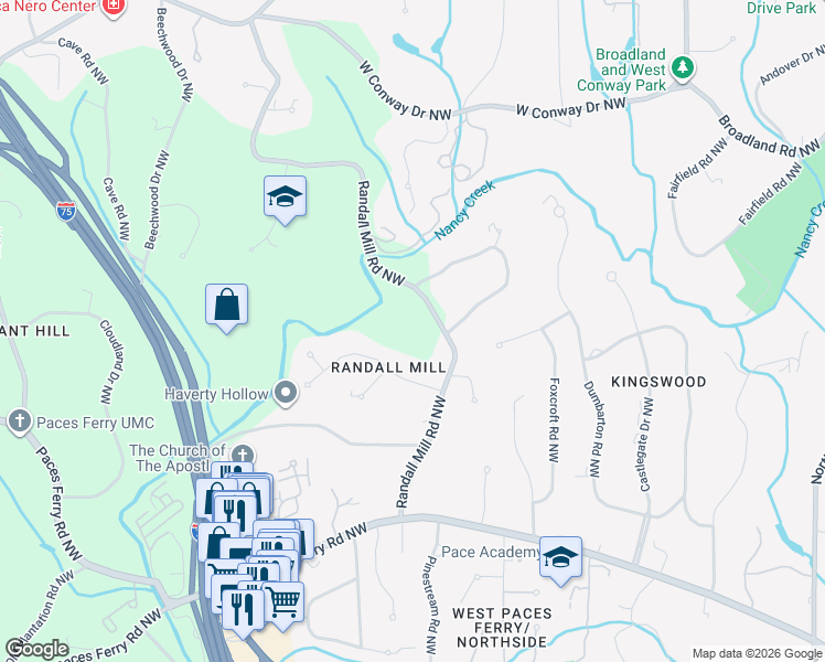 map of restaurants, bars, coffee shops, grocery stores, and more near 3700 Randall Mill Road Northwest in Atlanta