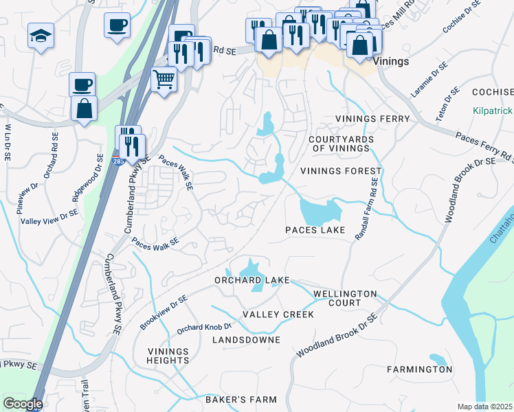 map of restaurants, bars, coffee shops, grocery stores, and more near Paces Station Close in Atlanta