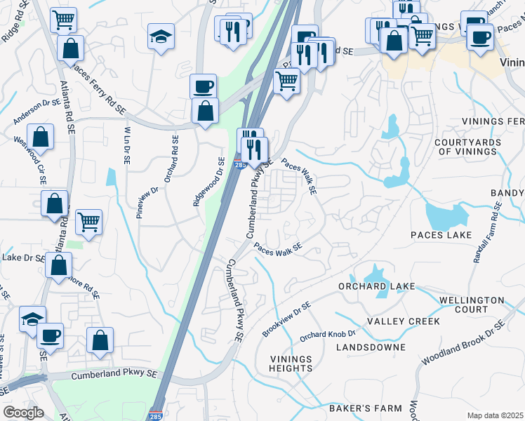 map of restaurants, bars, coffee shops, grocery stores, and more near 3963 Allegretto Circle in Atlanta