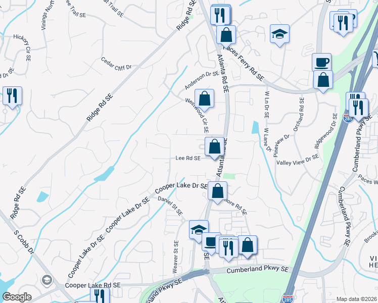 map of restaurants, bars, coffee shops, grocery stores, and more near 2036 Westwood Road Southeast in Smyrna