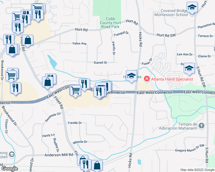 map of restaurants, bars, coffee shops, grocery stores, and more near 921 Peel Castle Lane in Austell
