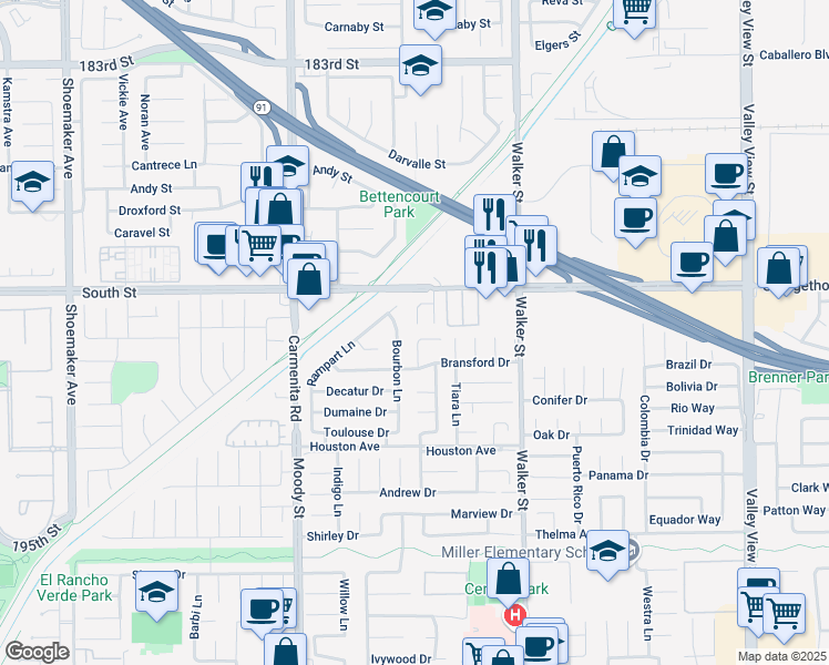map of restaurants, bars, coffee shops, grocery stores, and more near 5302 Windermere Way in La Palma
