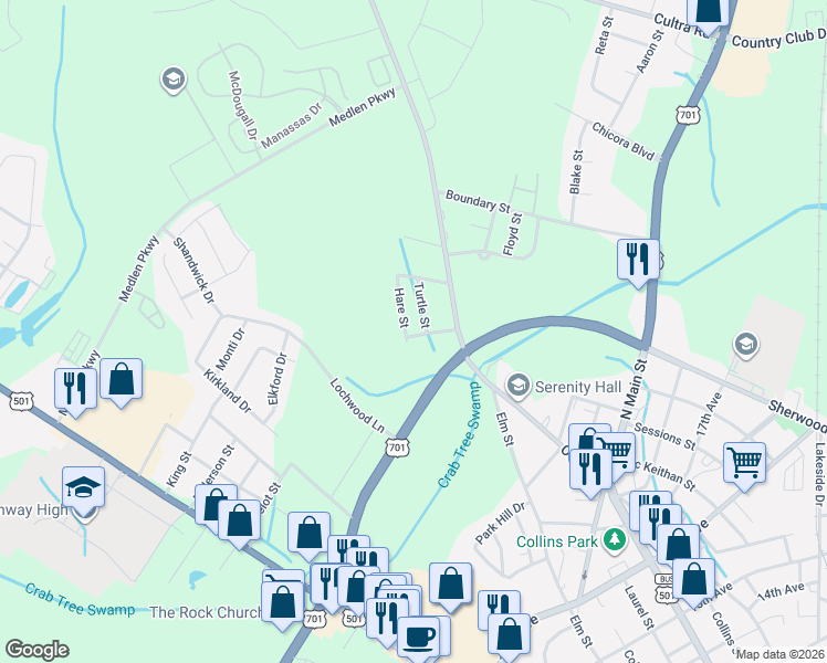 map of restaurants, bars, coffee shops, grocery stores, and more near 2215 Turtle Street in Conway