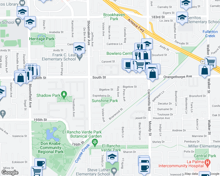 map of restaurants, bars, coffee shops, grocery stores, and more near 13123 Bigelow Street in Cerritos