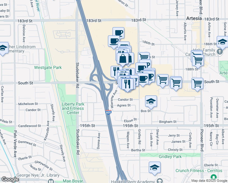 map of restaurants, bars, coffee shops, grocery stores, and more near 19027 Wiersma Avenue in Cerritos