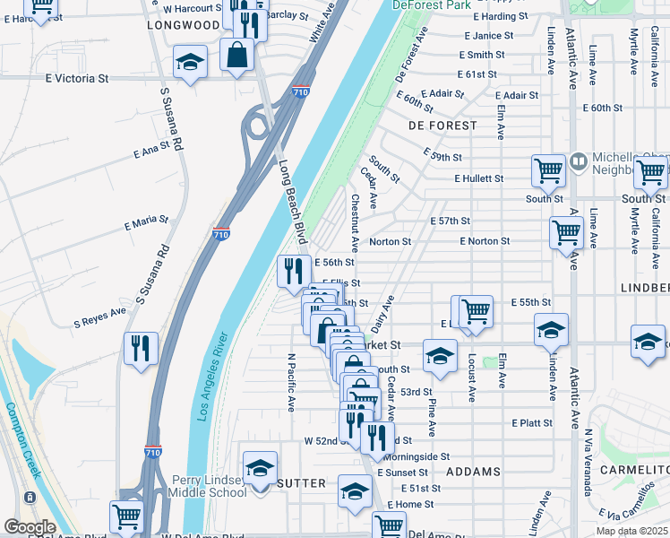 map of restaurants, bars, coffee shops, grocery stores, and more near 56 E 56th St in Long Beach