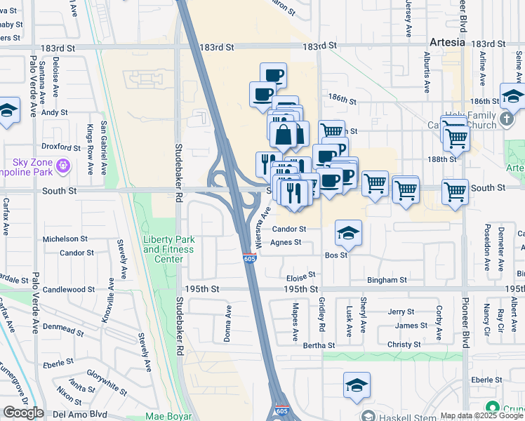 map of restaurants, bars, coffee shops, grocery stores, and more near 19027 Wiersma Avenue in Cerritos