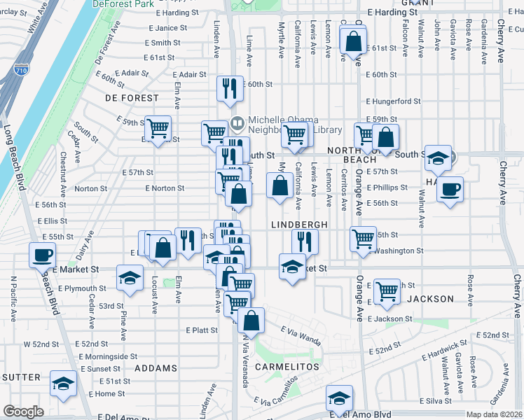 map of restaurants, bars, coffee shops, grocery stores, and more near 702 East 56th Street in Long Beach