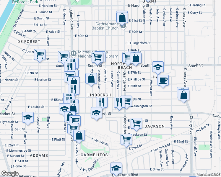 map of restaurants, bars, coffee shops, grocery stores, and more near 5557 Lemon Avenue in Long Beach