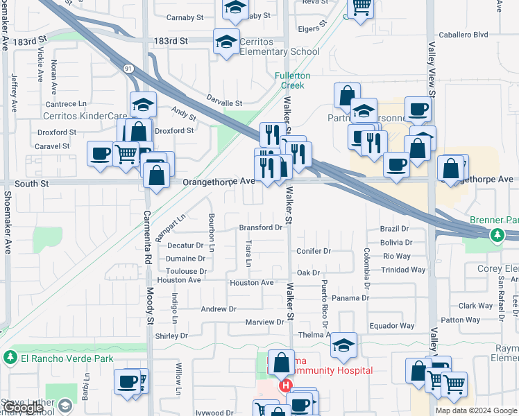 map of restaurants, bars, coffee shops, grocery stores, and more near 7101 Caprice Circle in La Palma