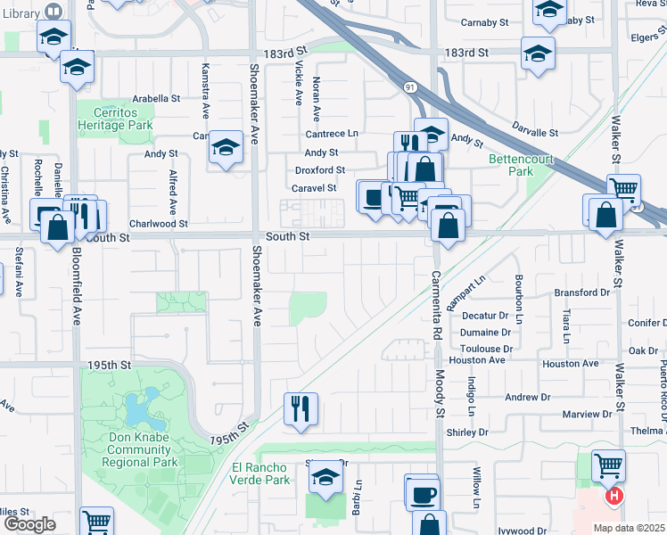 map of restaurants, bars, coffee shops, grocery stores, and more near 19012 Fikse Lane in Cerritos