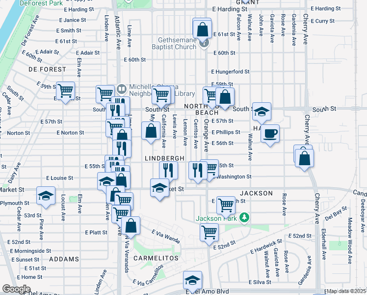map of restaurants, bars, coffee shops, grocery stores, and more near 5557 Lemon Avenue in Long Beach