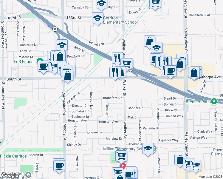 map of restaurants, bars, coffee shops, grocery stores, and more near 7101 Caprice Circle in La Palma