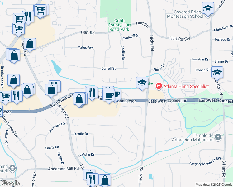 map of restaurants, bars, coffee shops, grocery stores, and more near 921 Peel Castle Lane in Austell