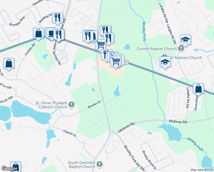 map of restaurants, bars, coffee shops, grocery stores, and more near 3132 Rosebud Road in Loganville