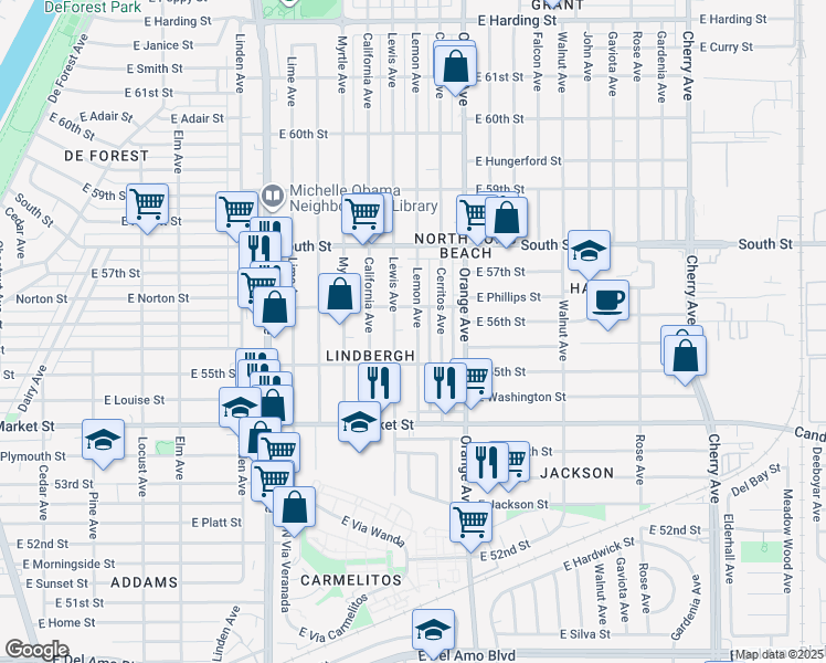 map of restaurants, bars, coffee shops, grocery stores, and more near 5598 Lemon Avenue in Long Beach