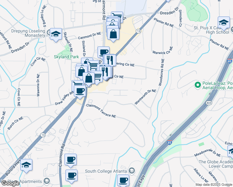 map of restaurants, bars, coffee shops, grocery stores, and more near 2080 Clairmeade Valley Road Northeast in Atlanta