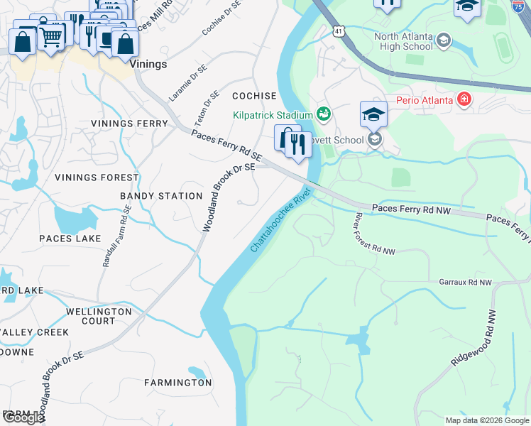map of restaurants, bars, coffee shops, grocery stores, and more near 3931 Paces Ferry Drive Southeast in Atlanta