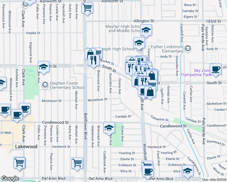 map of restaurants, bars, coffee shops, grocery stores, and more near 5707 Bigelow Street in Lakewood