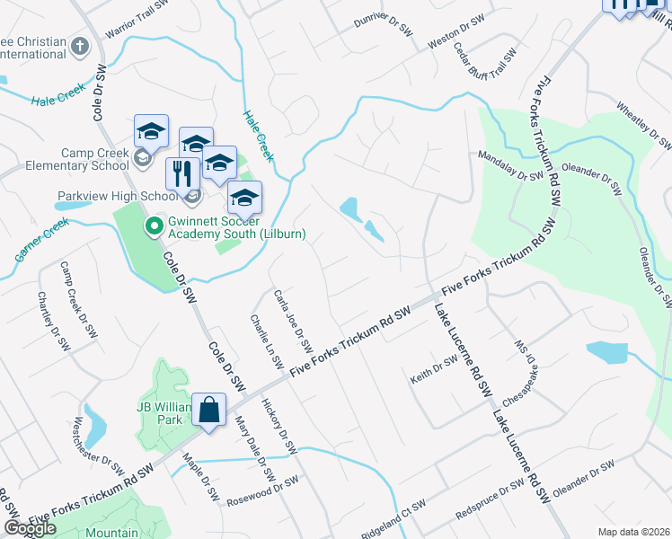 map of restaurants, bars, coffee shops, grocery stores, and more near 4644 Jefferson Lane Southwest in Lilburn