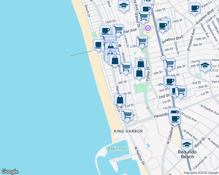 map of restaurants, bars, coffee shops, grocery stores, and more near in Hermosa Beach