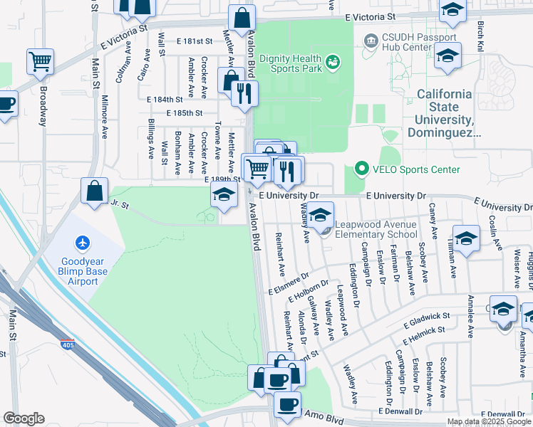 map of restaurants, bars, coffee shops, grocery stores, and more near 19102 Dunbrooke Avenue in Carson
