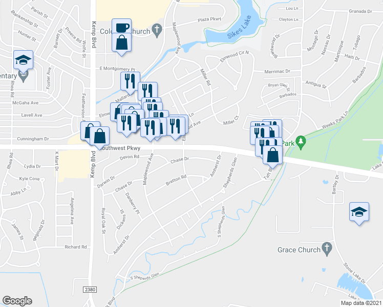 map of restaurants, bars, coffee shops, grocery stores, and more near 2612 Chase Drive in Wichita Falls