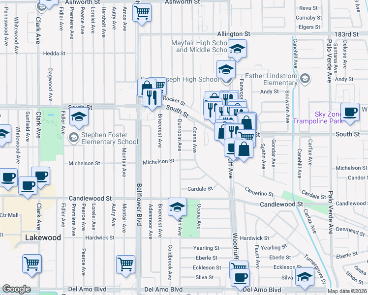 map of restaurants, bars, coffee shops, grocery stores, and more near 5707 Bigelow Street in Lakewood