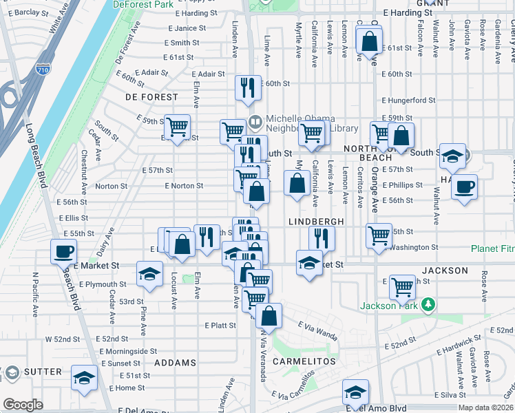 map of restaurants, bars, coffee shops, grocery stores, and more near 56 East 56th Street in Long Beach