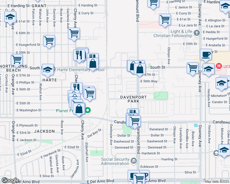 map of restaurants, bars, coffee shops, grocery stores, and more near 5500 Ackerfield Avenue in Long Beach