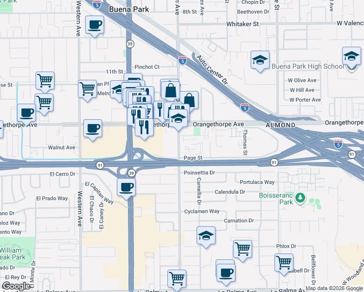 map of restaurants, bars, coffee shops, grocery stores, and more near 7122 Stanton Avenue in Buena Park