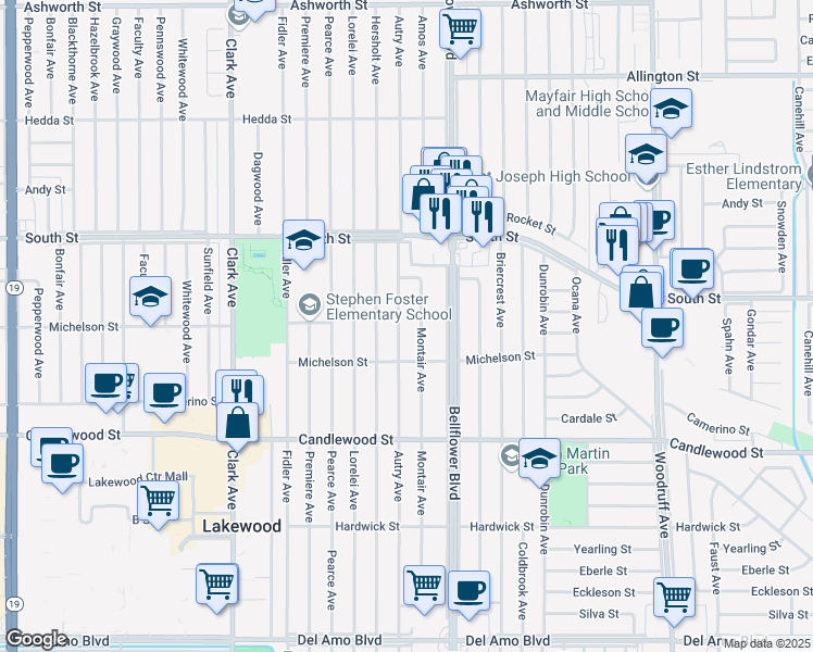 map of restaurants, bars, coffee shops, grocery stores, and more near 5538 Autry Avenue in Lakewood