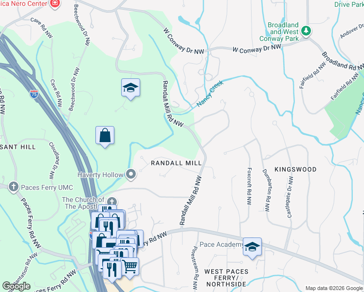 map of restaurants, bars, coffee shops, grocery stores, and more near 3700 Randall Mill Road Northwest in Atlanta