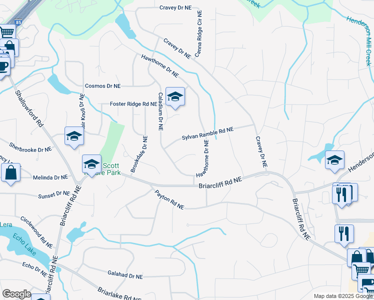 map of restaurants, bars, coffee shops, grocery stores, and more near 2867 Sylvan Ramble Road Northeast in Atlanta