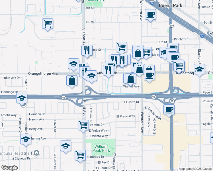 map of restaurants, bars, coffee shops, grocery stores, and more near 7142 Orangethorpe Avenue in Buena Park